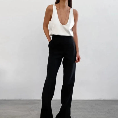 Women's Satin Sleeveless Plunging U-Neck Relaxed Tank Top - Close-Up Texture & Detail | Lavisa
