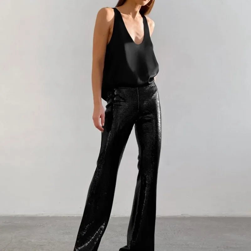 Women's Satin Sleeveless Plunging U-Neck Relaxed Tank Top - Sole & Material View | Lavisa