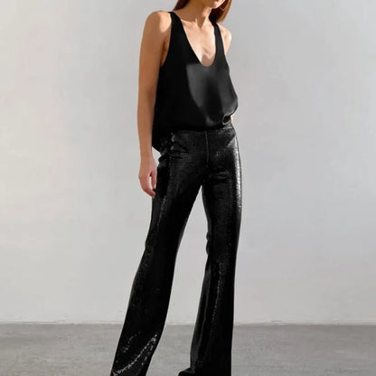 Women's Satin Sleeveless Plunging U-Neck Relaxed Tank Top - Sole & Material View | Lavisa