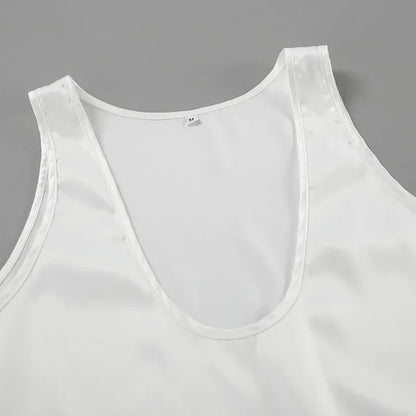 Women's Satin Sleeveless Plunging U-Neck Relaxed Tank Top - Variant Angle | Lavisa
