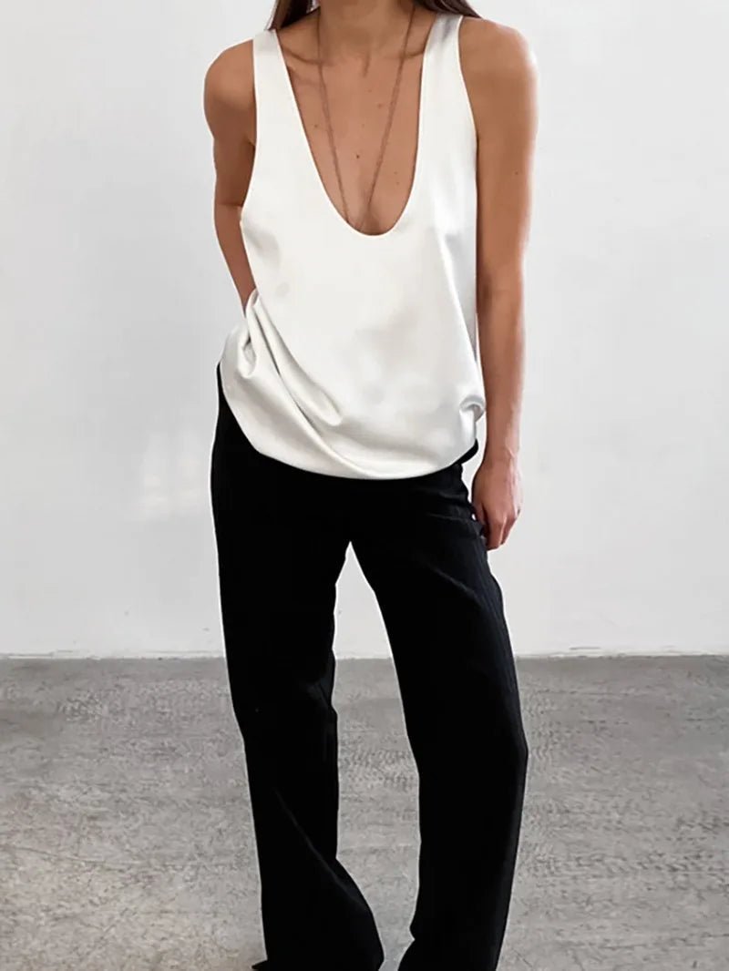 Women's Satin Sleeveless Plunging U-Neck Relaxed Tank Top - Variant Style 8 | Lavisa
