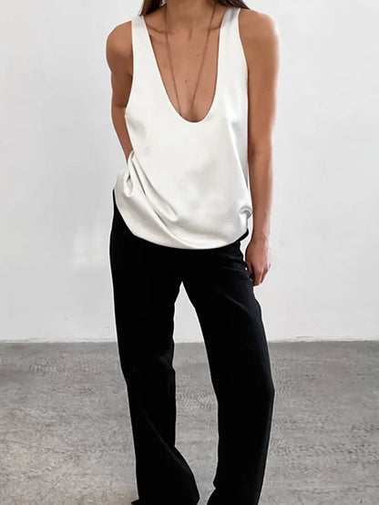 Women's Satin Sleeveless Plunging U-Neck Relaxed Tank Top - Variant Style 8 | Lavisa