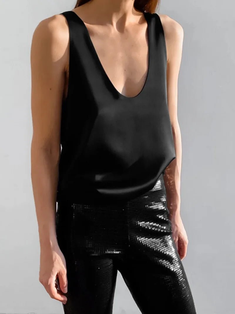 Women's Satin Sleeveless Plunging U-Neck Relaxed Tank Top - Variant Style 9 | Lavisa