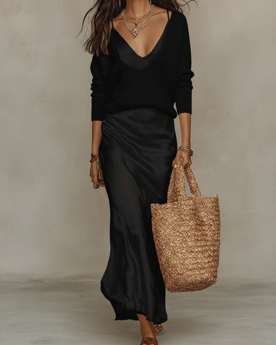 Satin Slip Dress and Knit Jumper Set - Back View | Lavisa