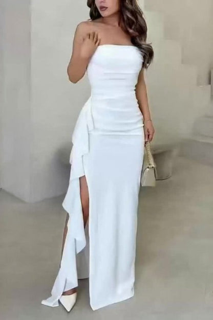 Women's Satin Strapless Wrap Maxi Dress - Side Angle | Lavisa