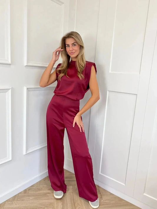 Lavisa - Women's Satin Wide-Leg Sleeveless Mock-Neck Jumpsuit