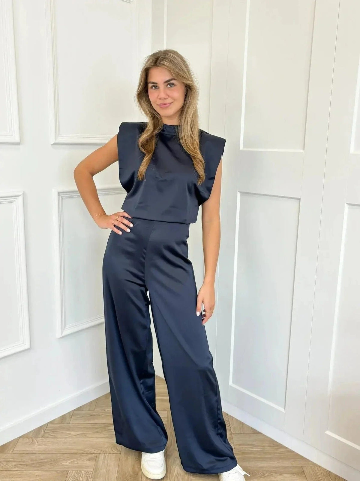 Women's Satin Wide-Leg Sleeveless Mock-Neck Jumpsuit - Variant Style 12 | Lavisa
