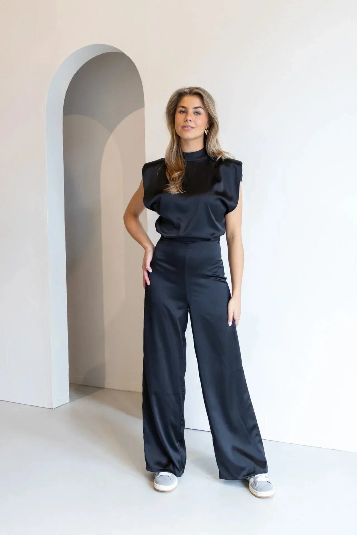Women's Satin Wide-Leg Sleeveless Mock-Neck Jumpsuit - Variant Style 13 | Lavisa