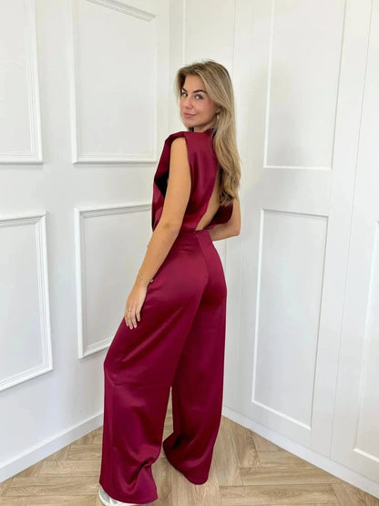 Women's Satin Wide-Leg Sleeveless Mock-Neck Jumpsuit - Side Angle | Lavisa