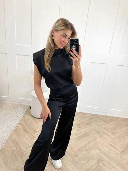 Women's Satin Wide-Leg Sleeveless Mock-Neck Jumpsuit - Back View | Lavisa