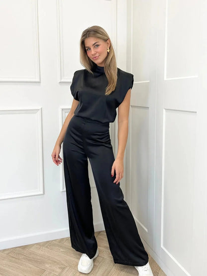 Women's Satin Wide-Leg Sleeveless Mock-Neck Jumpsuit - Sole & Material View | Lavisa