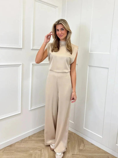 Women's Satin Wide-Leg Sleeveless Mock-Neck Jumpsuit - Lifestyle & Model Angle | Lavisa