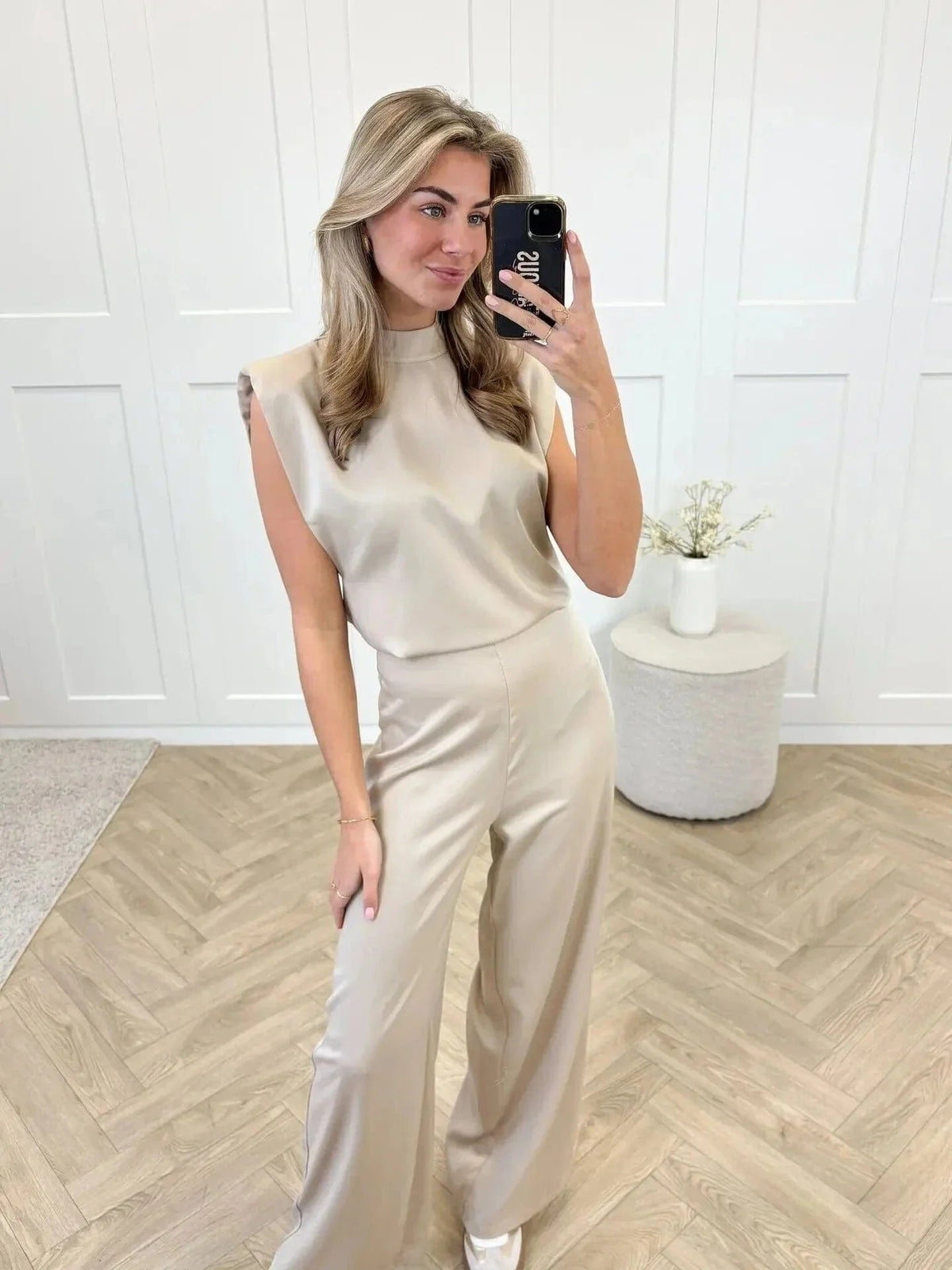 Women's Satin Wide-Leg Sleeveless Mock-Neck Jumpsuit - Variant Angle | Lavisa