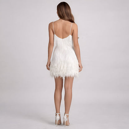 Women's Sequin Feather-Trim V-Neck Cocktail Dress - Sole & Material View | Lavisa