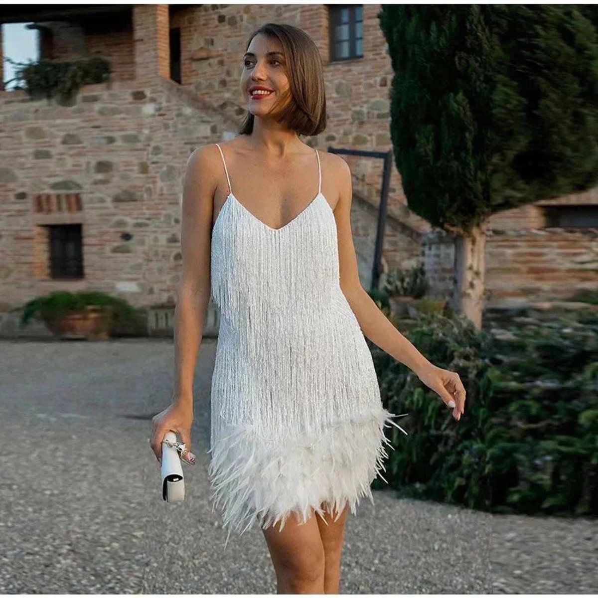 Women's Sequin Fringe Feather-Hem Mini Cocktail Dress - Side Angle | Lavisa