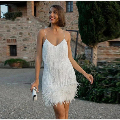 Women's Sequin Fringe Feather-Hem Mini Cocktail Dress - Side Angle | Lavisa