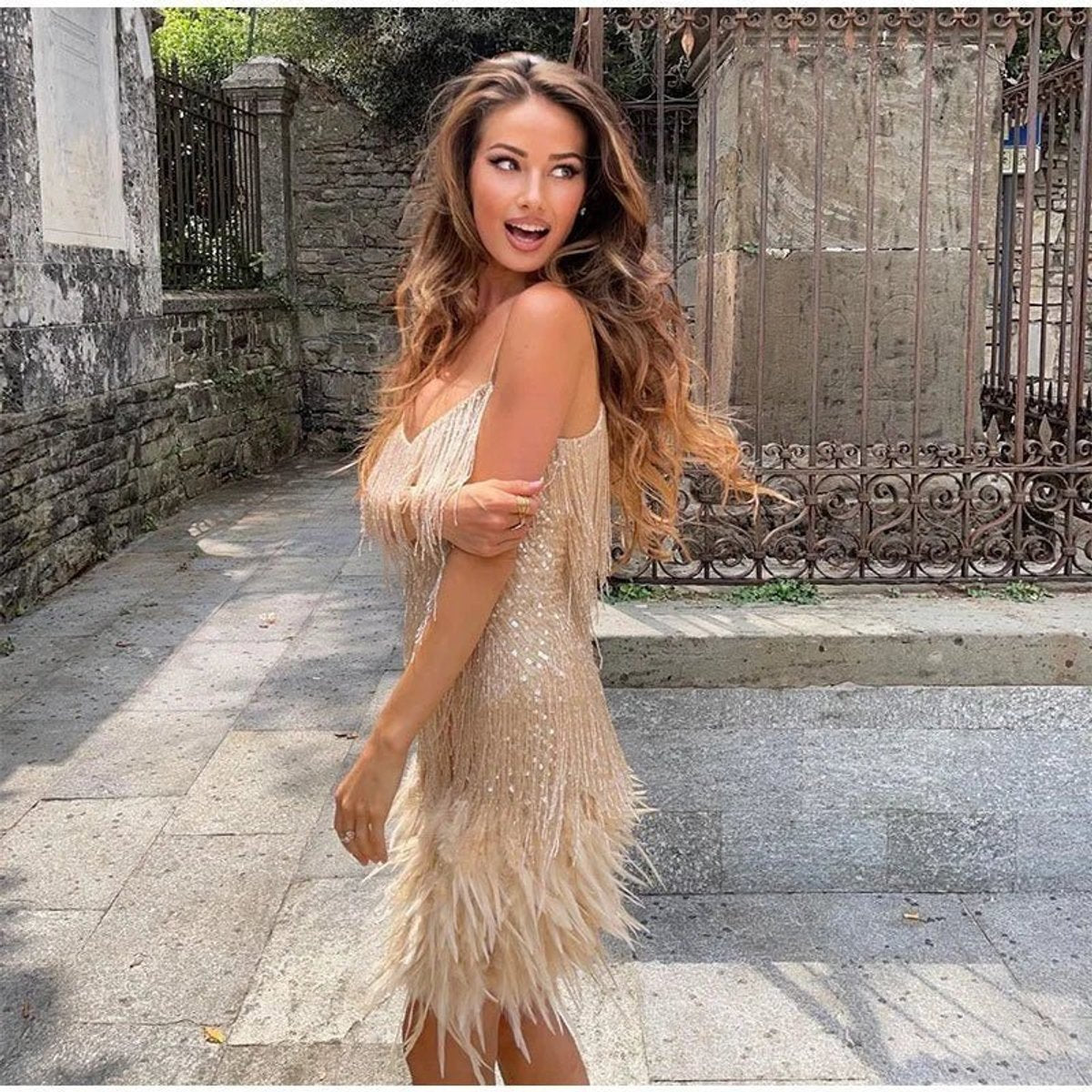 Women's Sequin Fringe Feather-Hem Mini Cocktail Dress - Close-Up Texture & Detail | Lavisa
