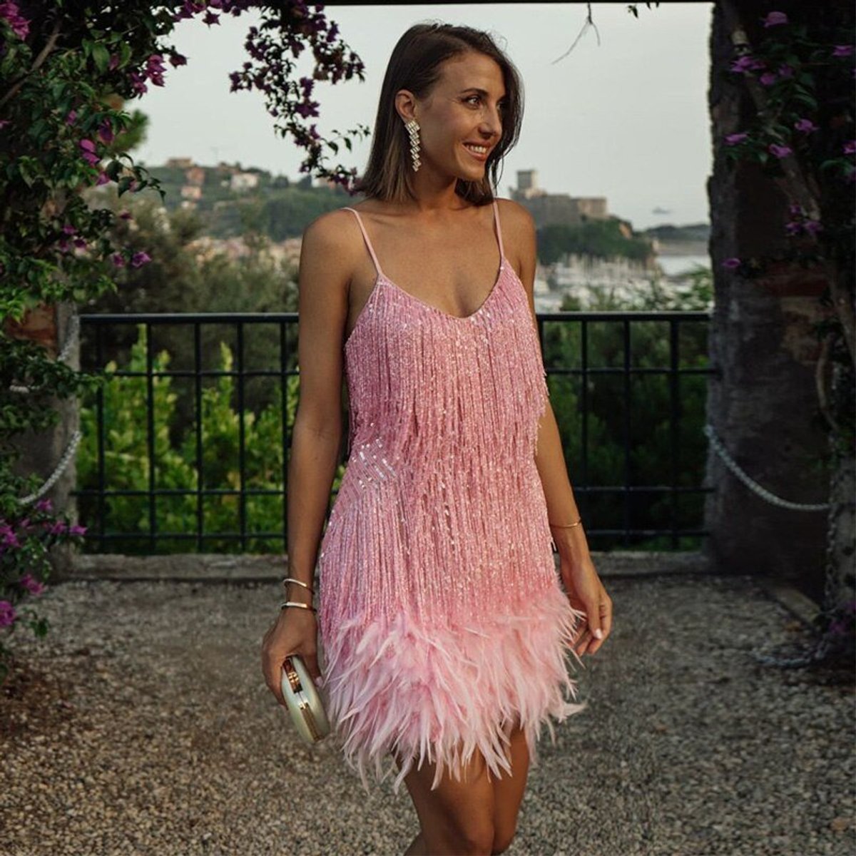 Women's Sequin Fringe Feather-Hem Mini Cocktail Dress - Sole & Material View | Lavisa