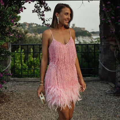 Women's Sequin Fringe Feather-Hem Mini Cocktail Dress - Sole & Material View | Lavisa