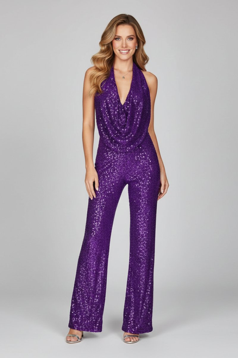 Women's Sequin Halter-Neck Cowl Wide Leg Pants Jumpsuit - Lifestyle & Model Angle | Lavisa