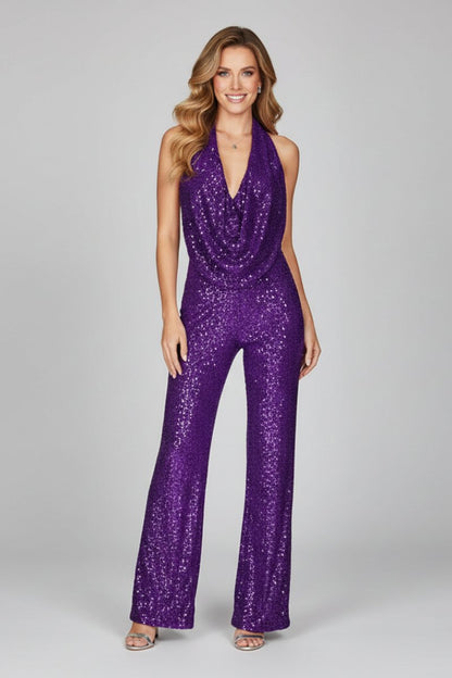Women's Sequin Halter-Neck Cowl Wide Leg Pants Jumpsuit - Lifestyle & Model Angle | Lavisa