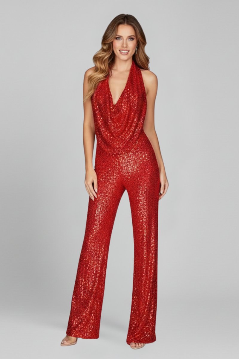 Women's Sequin Halter-Neck Cowl Wide Leg Pants Jumpsuit - Variant Style 8 | Lavisa
