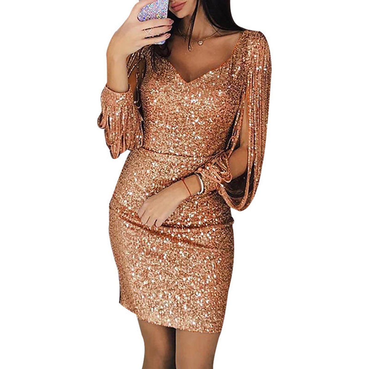 Women's Sequin Tassel-Sleeve V-Neck Bodycon Cocktail Dress - Variant Style 9 | Lavisa