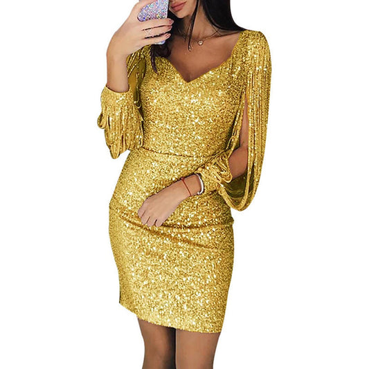 Lavisa - Women's Sequin Tassel-Sleeve V-Neck Bodycon Cocktail Dress
