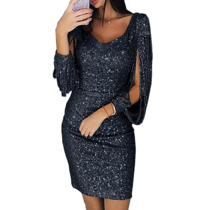 Women's Sequin Tassel-Sleeve V-Neck Bodycon Cocktail Dress - Close-Up Texture & Detail | Lavisa