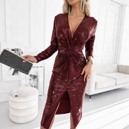 Women's Sequin V-Neck Twisted-Front Midi Cocktail Dress - Sole & Material View | Lavisa