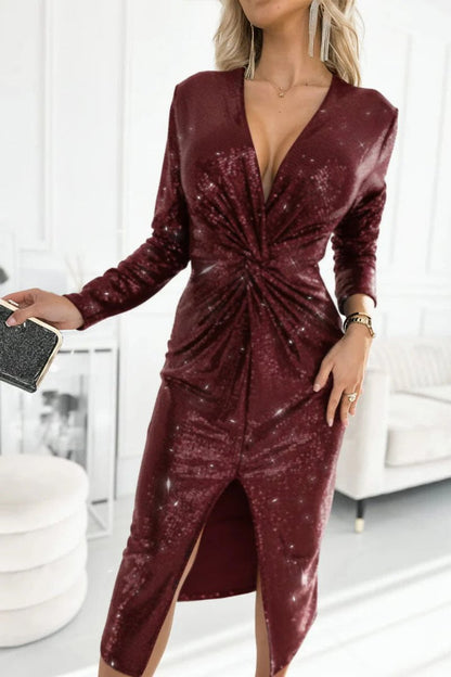 Women's Sequin V-Neck Twisted-Front Midi Cocktail Dress - Variant Angle | Lavisa