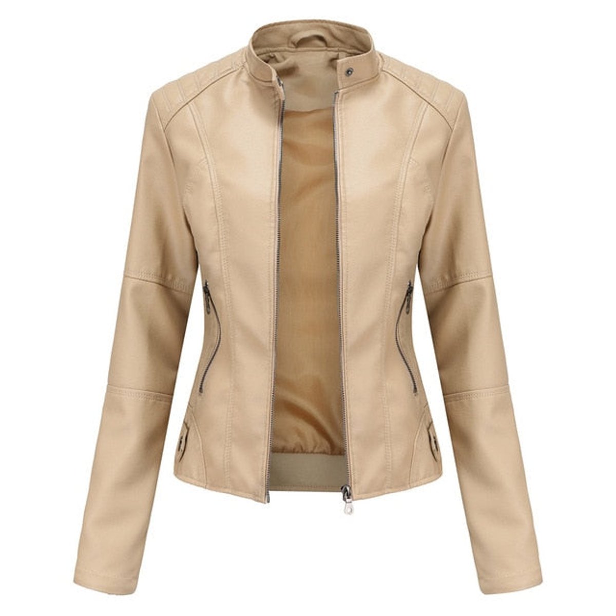 Lavisa - Women's Short-Cut Mock-Neck Zip-Up Faux Leather Jacket
