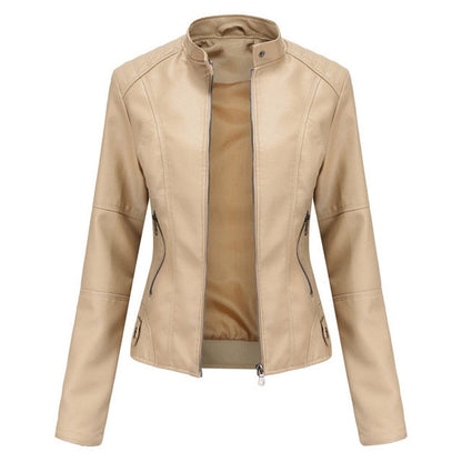 Lavisa - Women's Short-Cut Mock-Neck Zip-Up Faux Leather Jacket