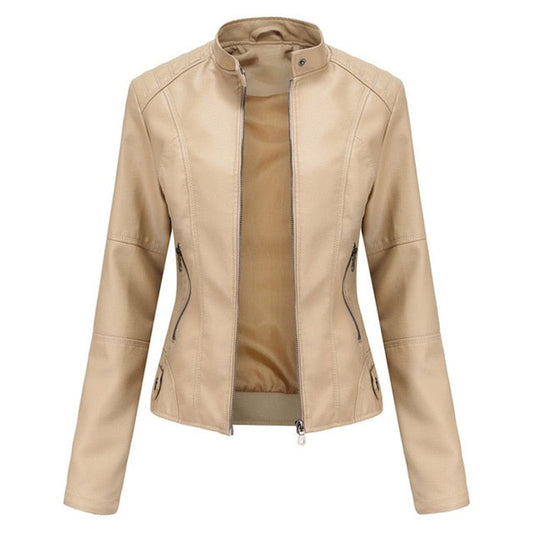 Lavisa - Women's Short-Cut Mock-Neck Zip-Up Faux Leather Jacket