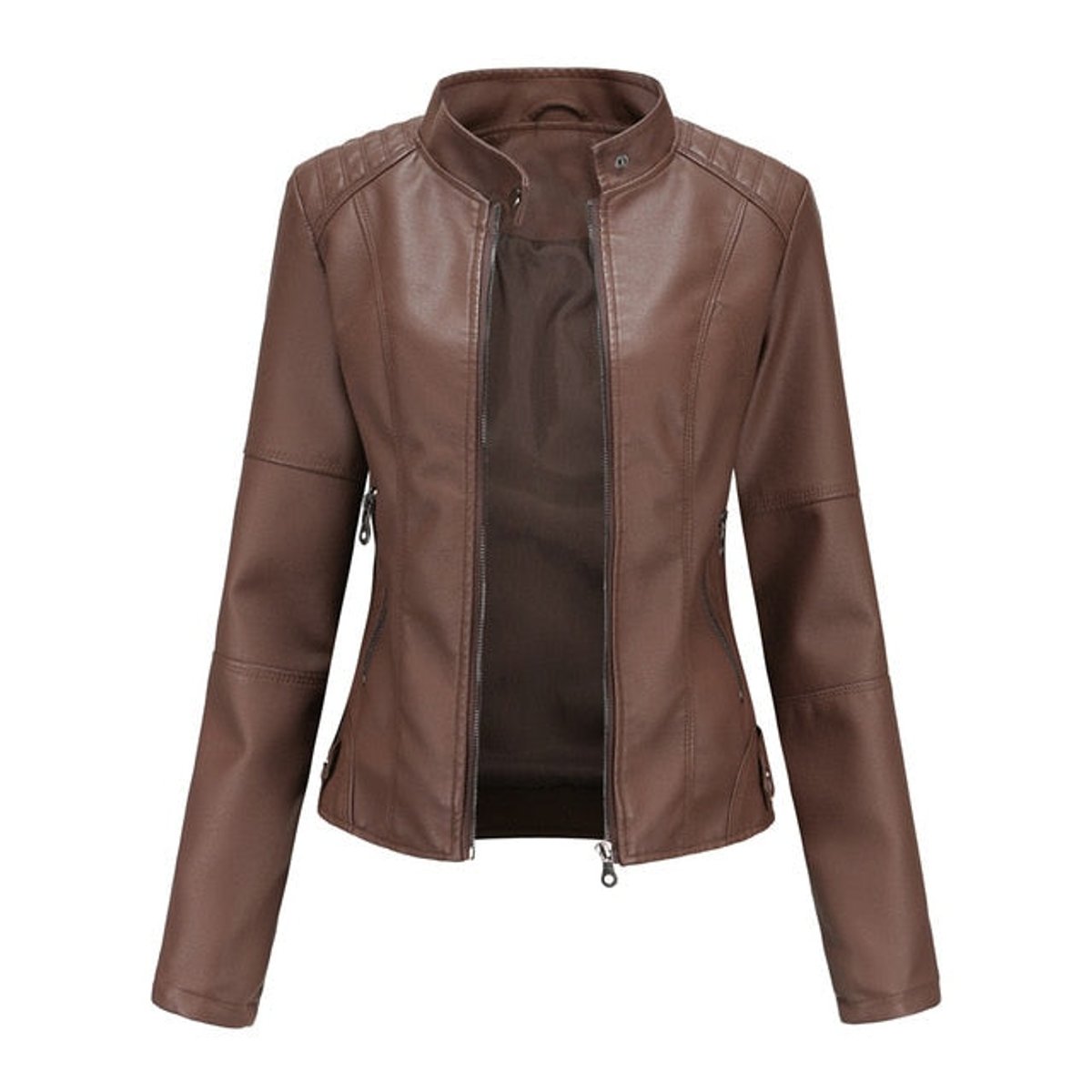 Lavisa - Women's Short-Cut Mock-Neck Zip-Up Faux Leather Jacket