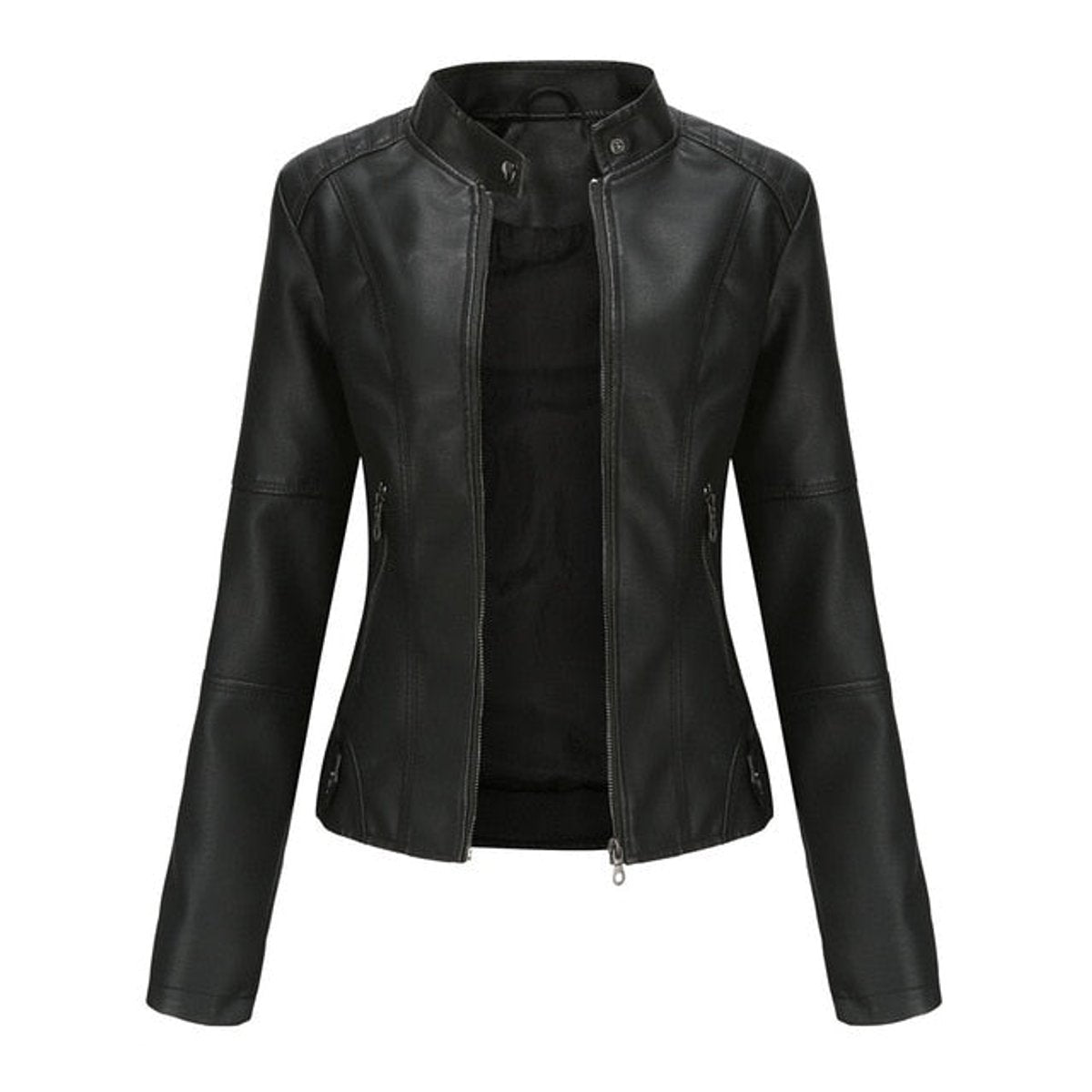 Lavisa - Women's Short-Cut Mock-Neck Zip-Up Faux Leather Jacket