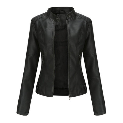 Lavisa - Women's Short-Cut Mock-Neck Zip-Up Faux Leather Jacket