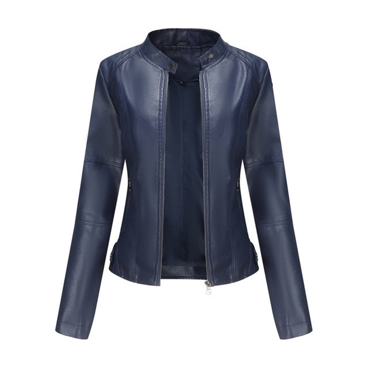 Lavisa - Women's Short-Cut Mock-Neck Zip-Up Faux Leather Jacket