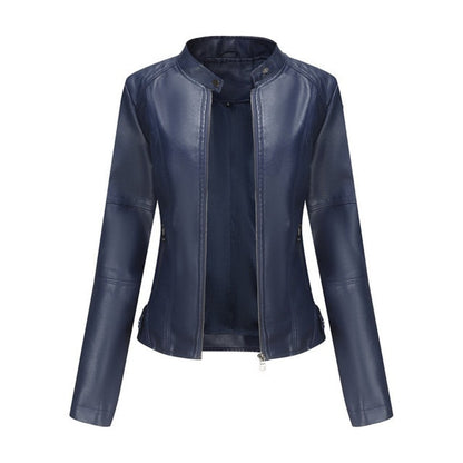 Lavisa - Women's Short-Cut Mock-Neck Zip-Up Faux Leather Jacket