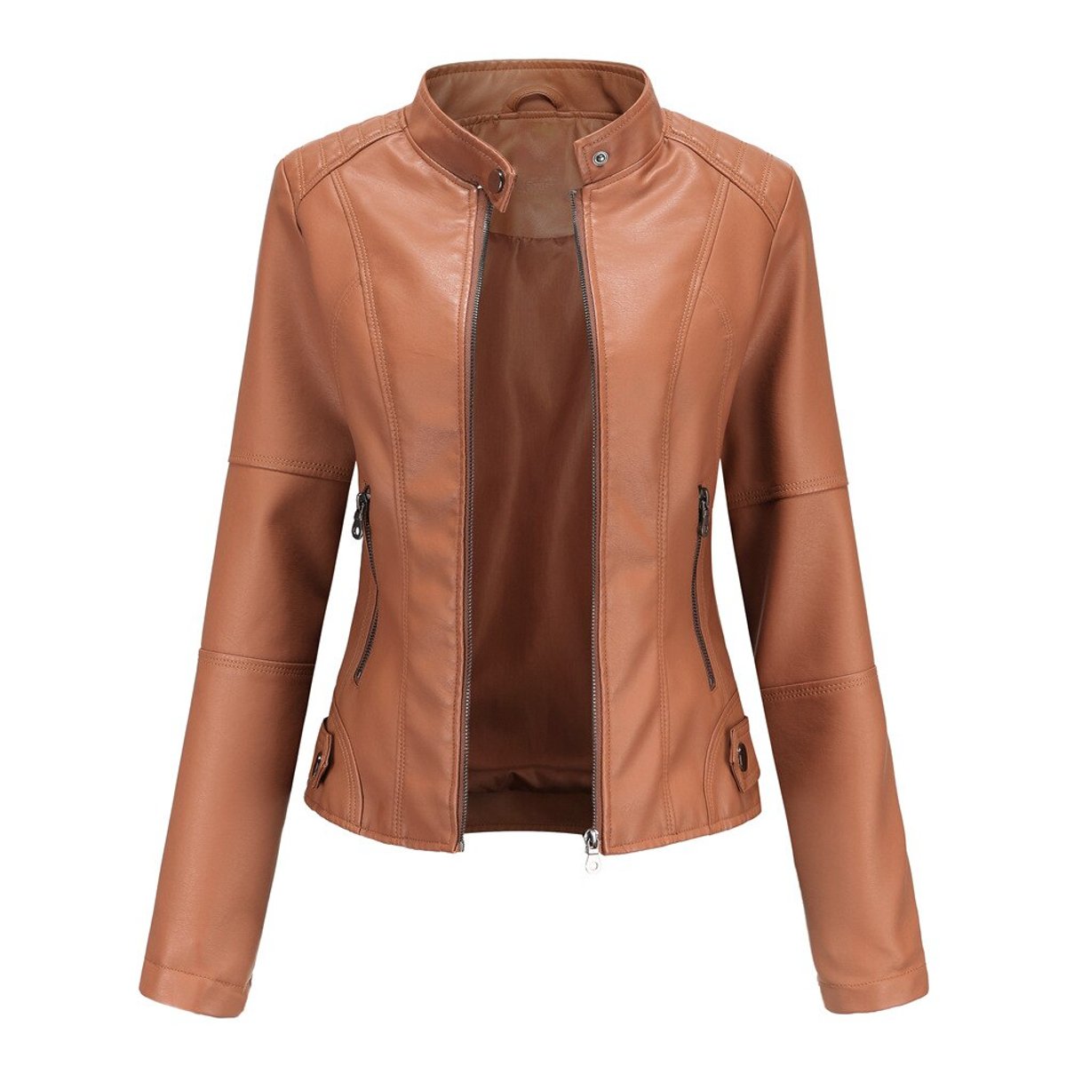 Lavisa - Women's Short-Cut Mock-Neck Zip-Up Faux Leather Jacket