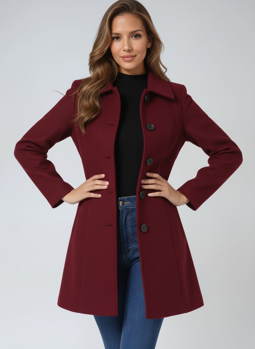 Women's Single-Breasted Structured Midi Winter Coat - Lifestyle & Model Angle | Lavisa