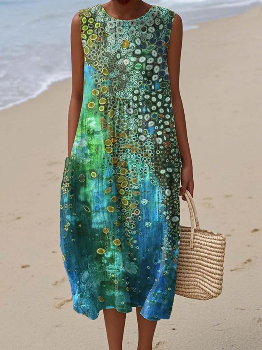 Lavisa - Sleeveless Abstract Print Relaxed Midi Dress