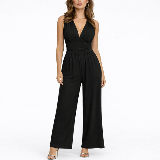 Lavisa - Women's Sleeveless Deep V-Neck Wide-Leg Jumpsuit