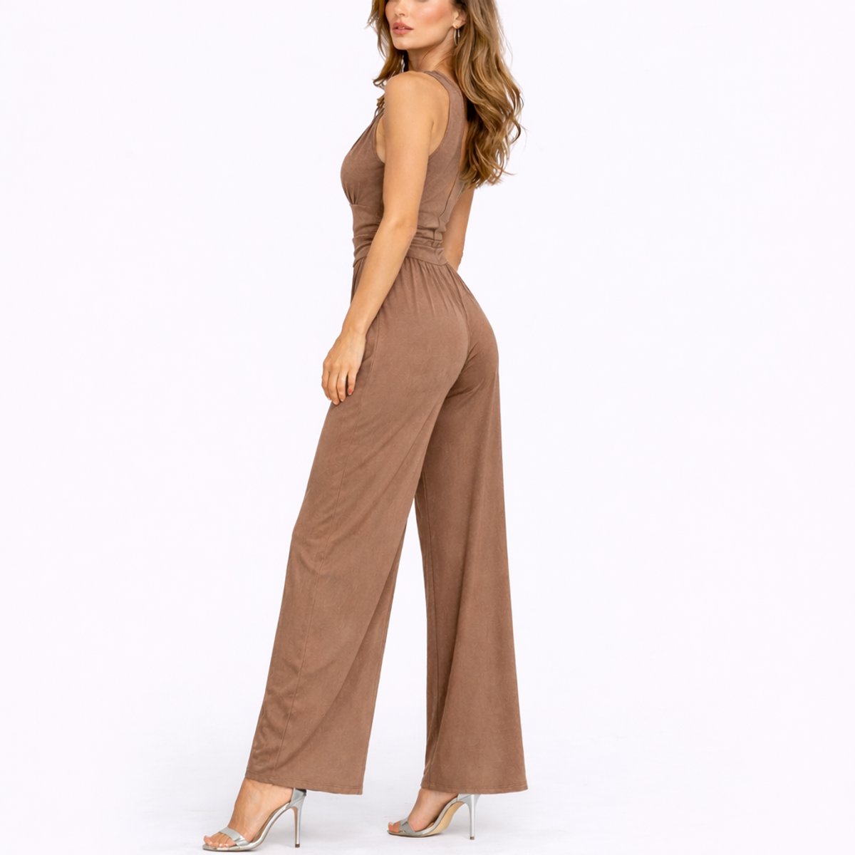 Women's Sleeveless Deep V-Neck Wide-Leg Jumpsuit - Close-Up Texture & Detail | Lavisa