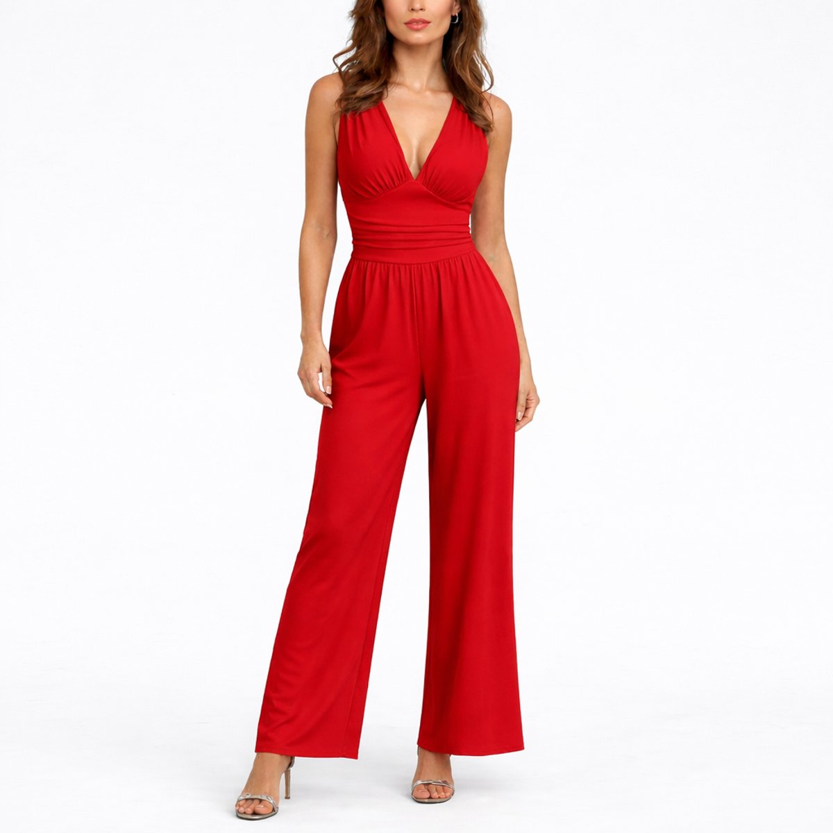 Women's Sleeveless Deep V-Neck Wide-Leg Jumpsuit - Sole & Material View | Lavisa