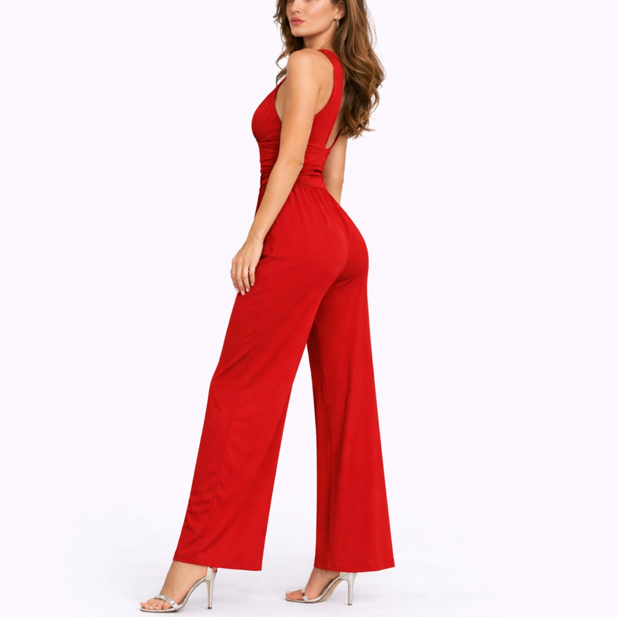 Women's Sleeveless Deep V-Neck Wide-Leg Jumpsuit - Lifestyle & Model Angle | Lavisa