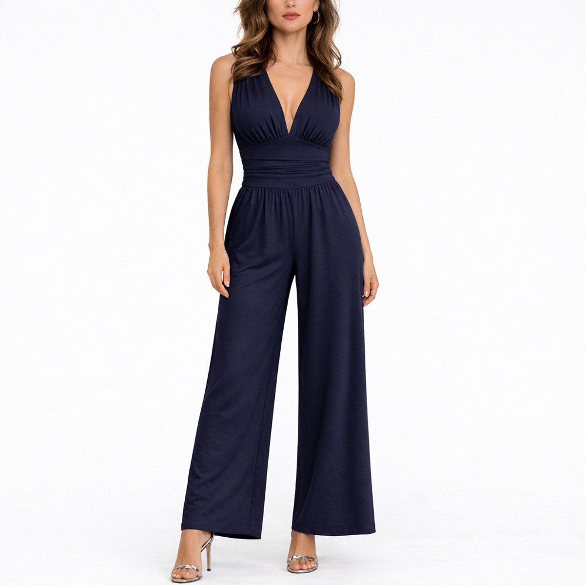Women's Sleeveless Deep V-Neck Wide-Leg Jumpsuit - Variant Angle | Lavisa