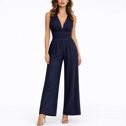 Women's Sleeveless Deep V-Neck Wide-Leg Jumpsuit - Variant Angle | Lavisa