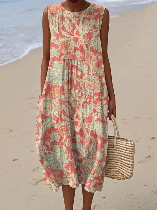 Lavisa - Sleeveless Floral Print Relaxed Fit Midi Dress