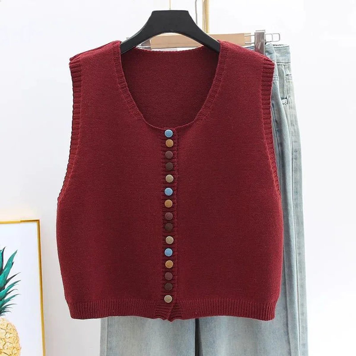 Sleeveless Knit Vest with Colorful Button Detail - Side Angle | Lavisa